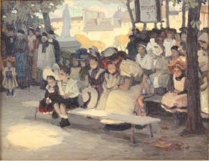 Oil on canvas painting by Harry Mills Walcott (1870-1944), titled Waiting for the Show. Estimate: $10,000-$15,000
