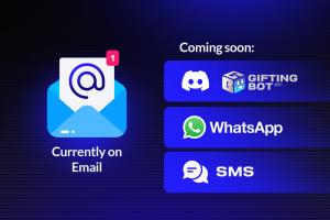 Partnier’s Stream Alerts graphic showing current email alert delivery with upcoming support for Discord, WhatsApp, and SMS notifications.
